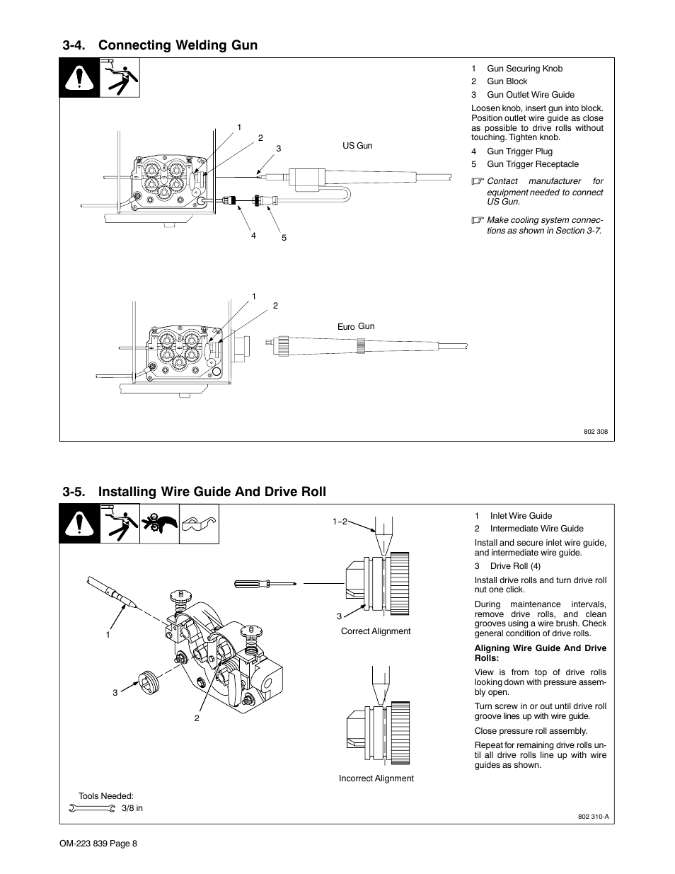 4. connecting welding gun, 5. installing wire guide and drive roll | Miller Electric XMS 44 User Manual | Page 12 / 32