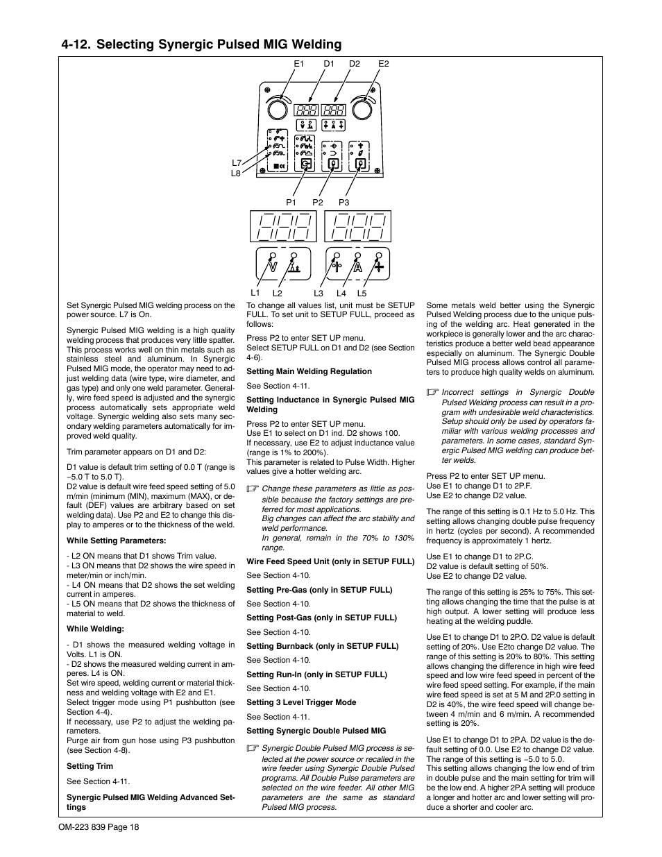 12. selecting synergic pulsed mig welding, See section 4-12, Welding. see section 4-12 | Miller Electric XMS 44 User Manual | Page 22 / 32