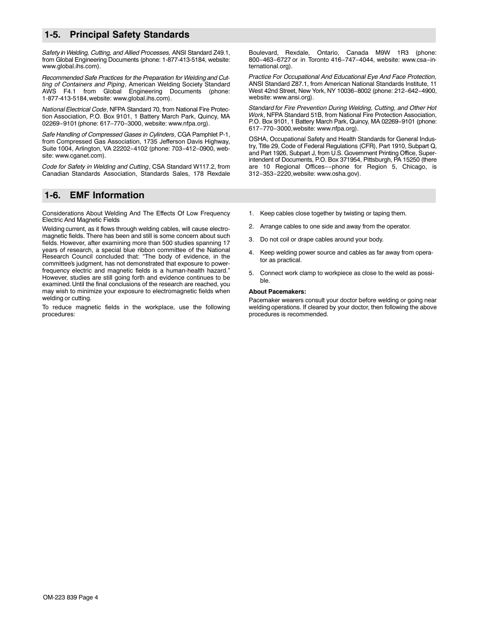 5. principal safety standards, 6. emf information | Miller Electric XMS 44 User Manual | Page 8 / 32