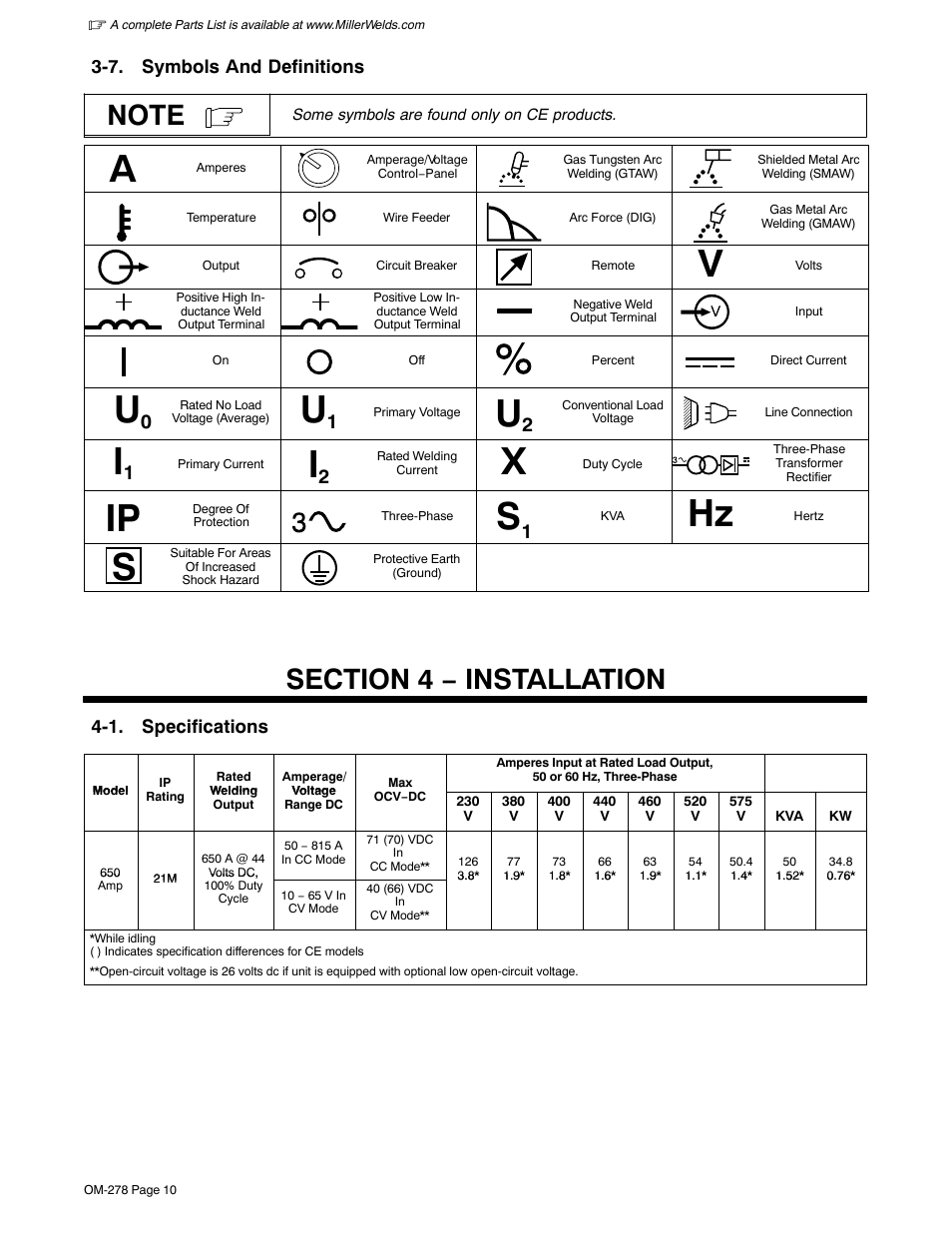 7. symbols and definitions, Section 4 − installation, 1. specifications | Miller Electric 812 User Manual | Page 18 / 40