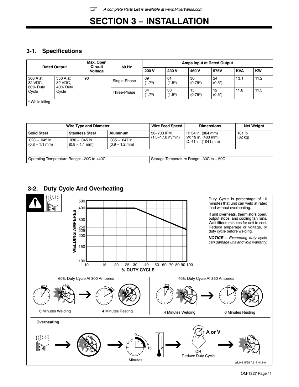 Section 3 − installation, 1. specifications, 2. duty cycle and overheating | Miller Electric MILLERMATIC 350P User Manual | Page 15 / 56