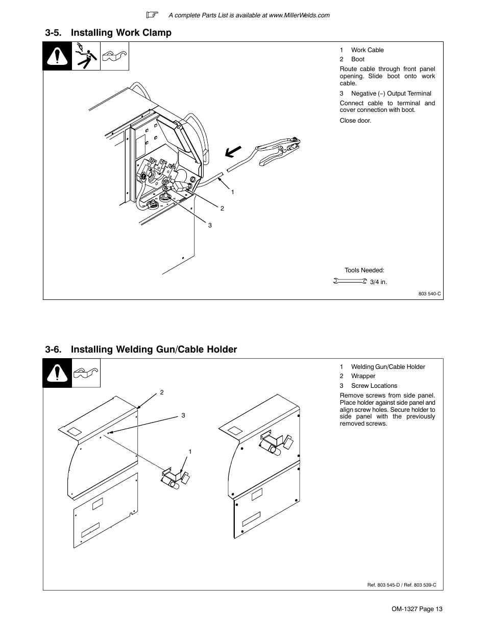 5. installing work clamp, 6. installing welding gun/cable holder | Miller Electric MILLERMATIC 350P User Manual | Page 17 / 56