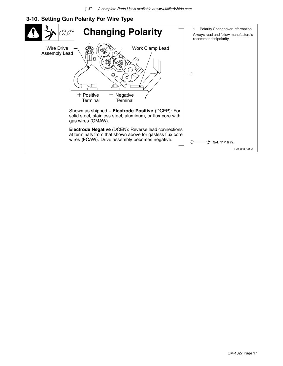 10. setting gun polarity for wire type, Changing polarity | Miller Electric MILLERMATIC 350P User Manual | Page 21 / 56