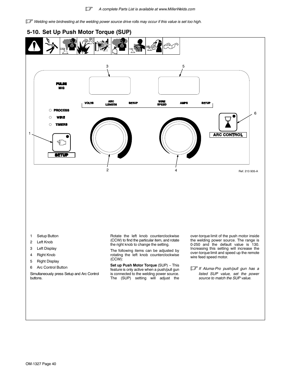 10. set up push motor torque (sup) | Miller Electric MILLERMATIC 350P User Manual | Page 44 / 56