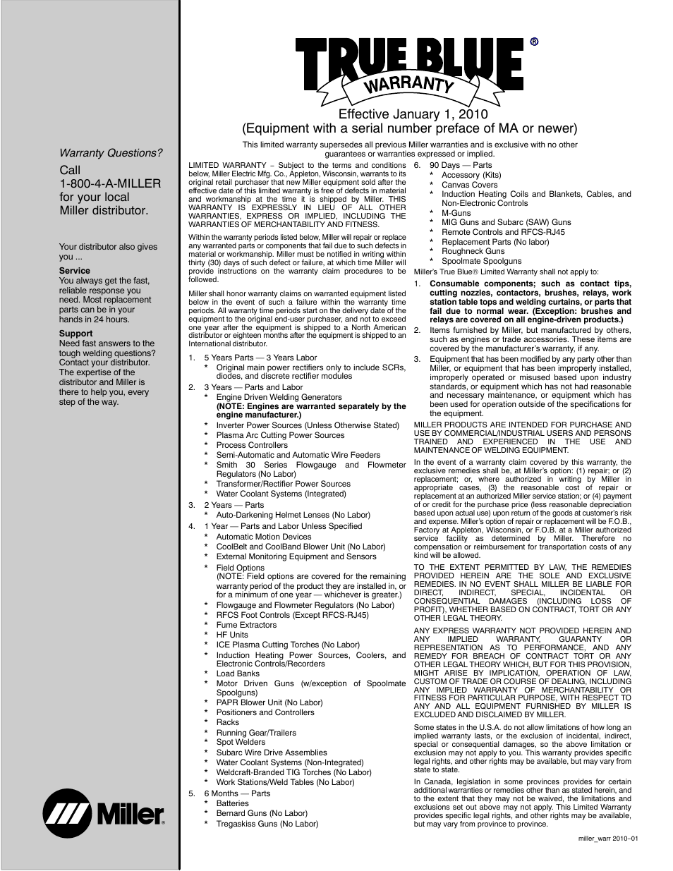 Warranty questions | Miller Electric MILLERMATIC 350P User Manual | Page 55 / 56