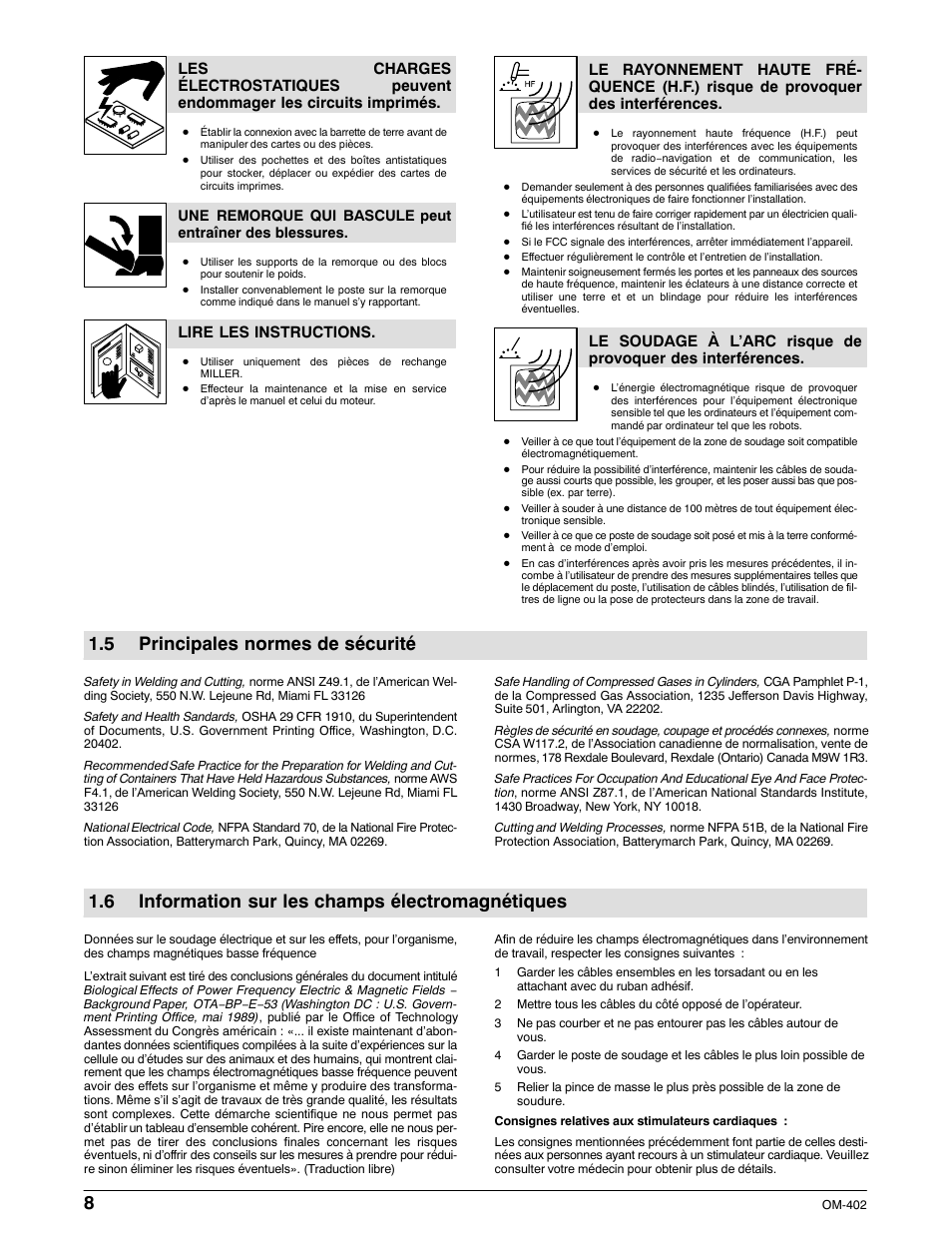 5 principales normes de sécurité, 6 information sur les champs électromagnétiques | Miller Electric Metro 250D User Manual | Page 12 / 64