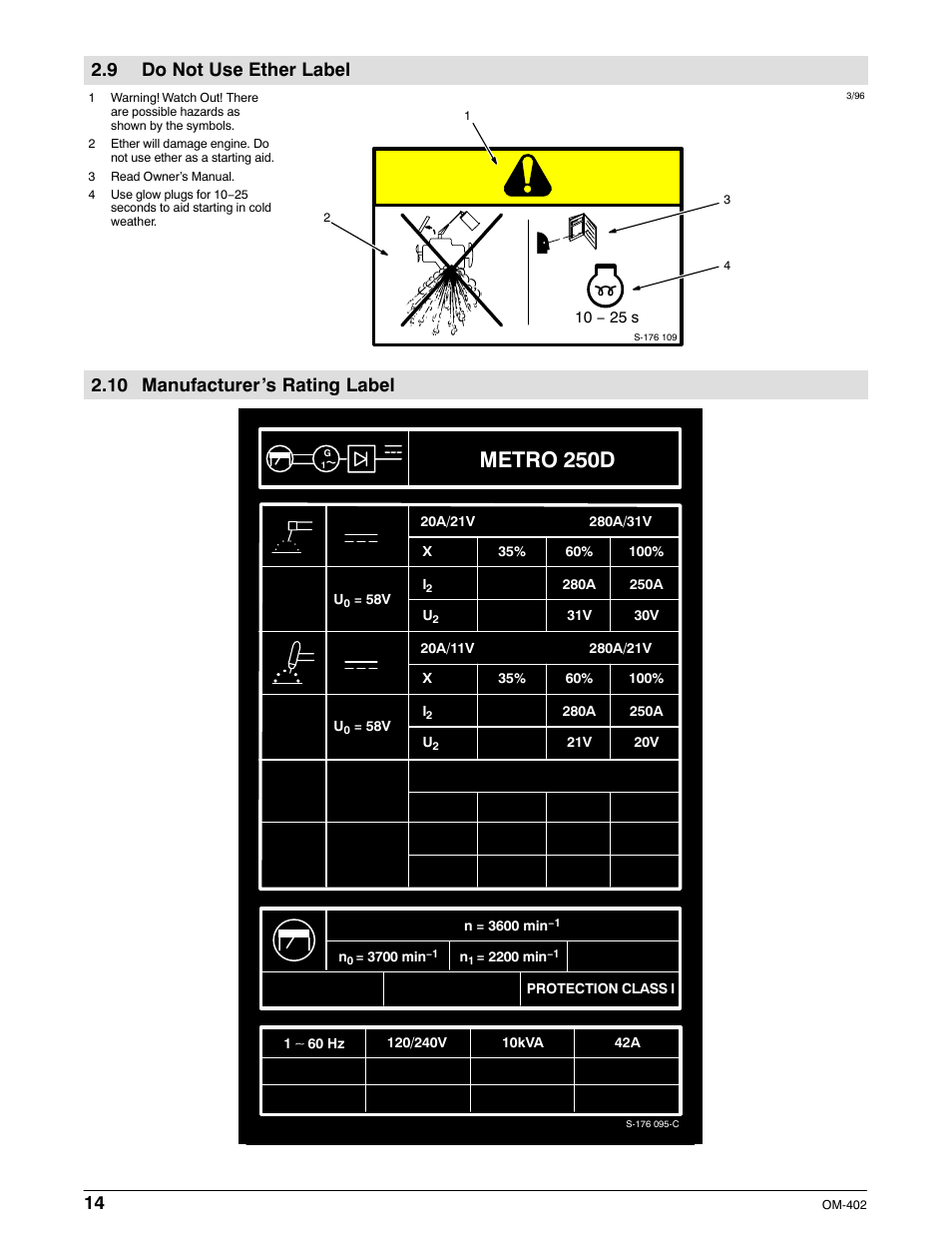 Metro 250d, 9 do not use ether label, 10 manufacturer’s rating label | Miller Electric Metro 250D User Manual | Page 18 / 64