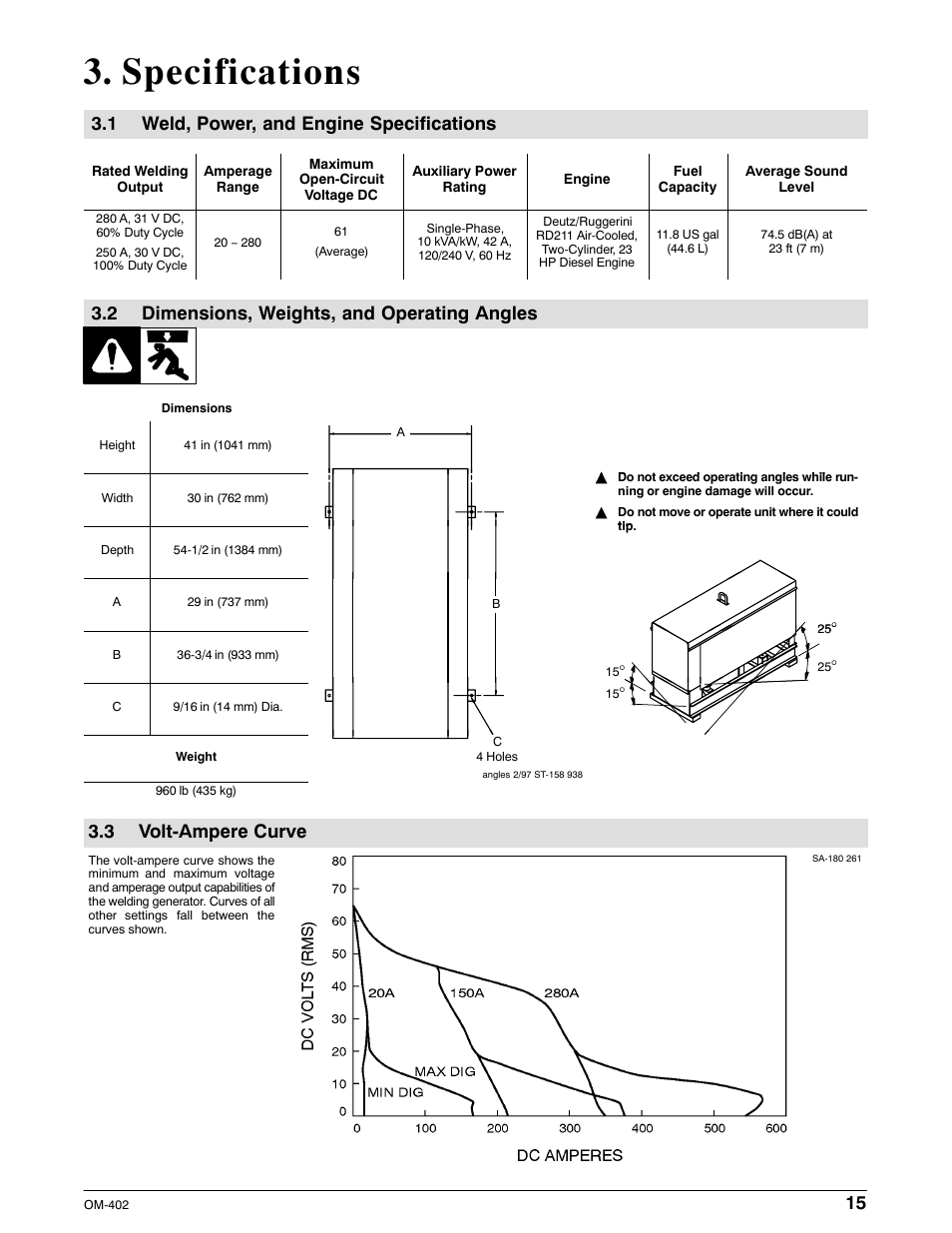 Specifications, 1 weld, power, and engine specifications, 2 dimensions, weights, and operating angles | 3 volt-ampere curve | Miller Electric Metro 250D User Manual | Page 19 / 64