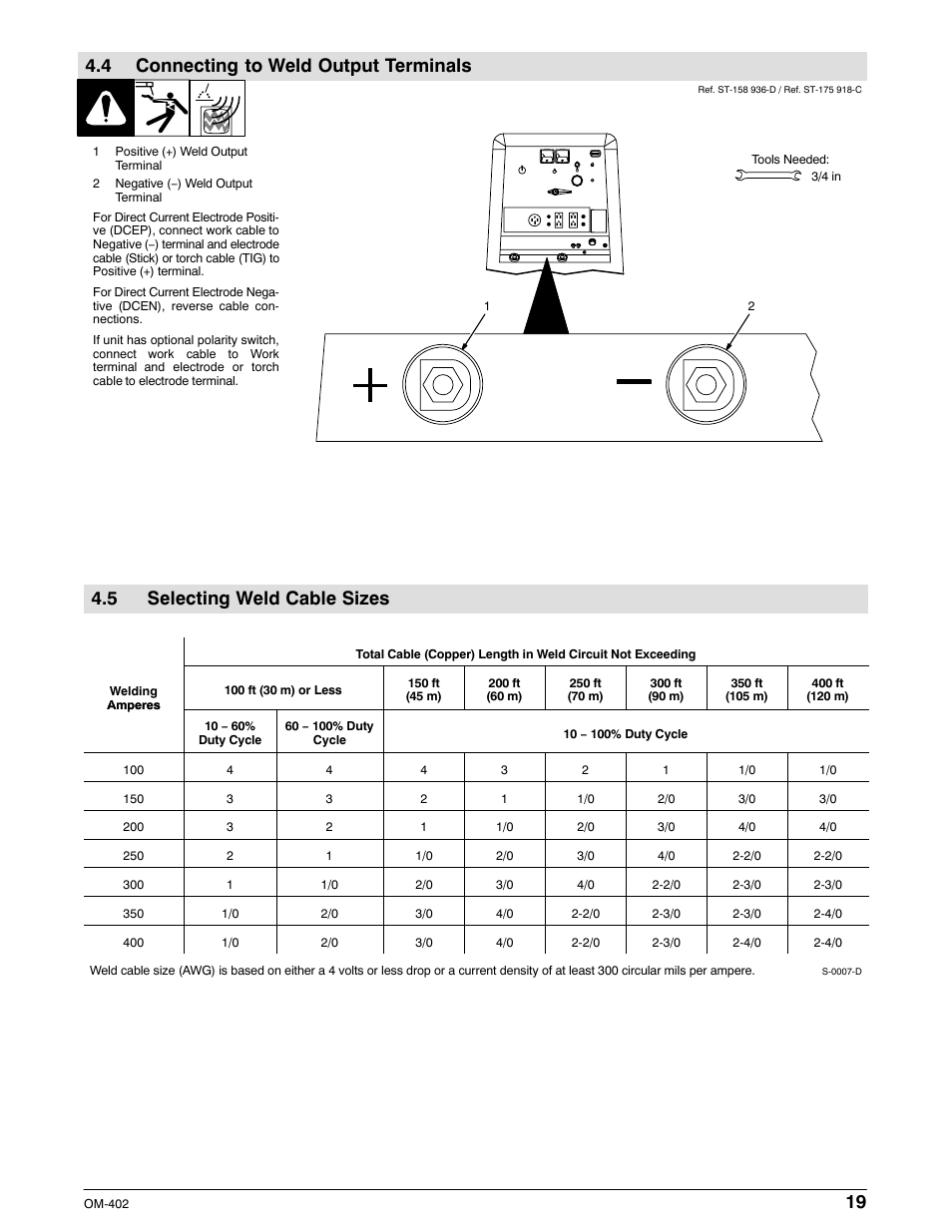 4 connecting to weld output terminals, 5 selecting weld cable sizes | Miller Electric Metro 250D User Manual | Page 23 / 64