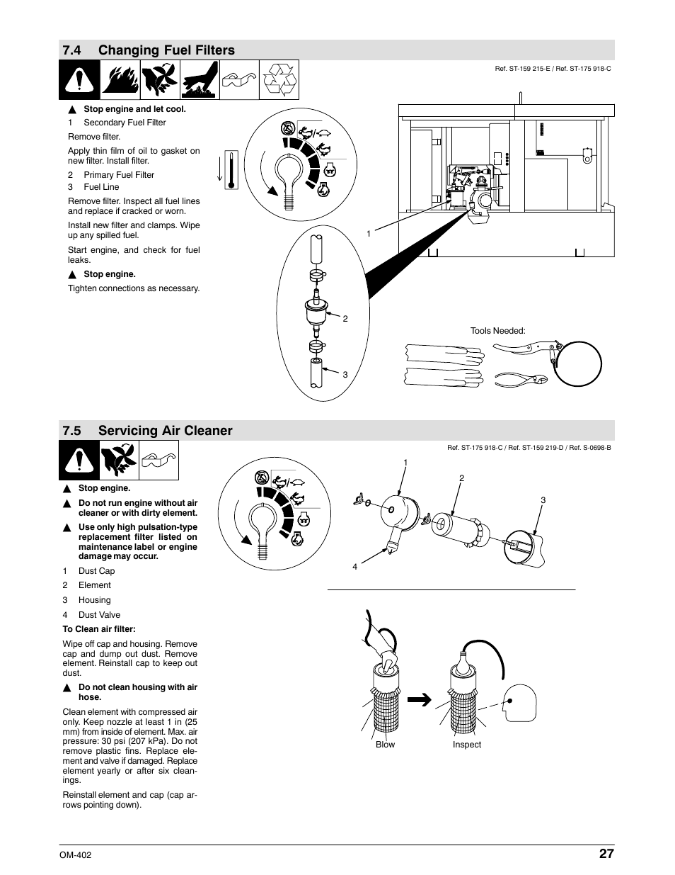 See section 7.5, Section 7.4, 4 changing fuel filters | 5 servicing air cleaner | Miller Electric Metro 250D User Manual | Page 31 / 64