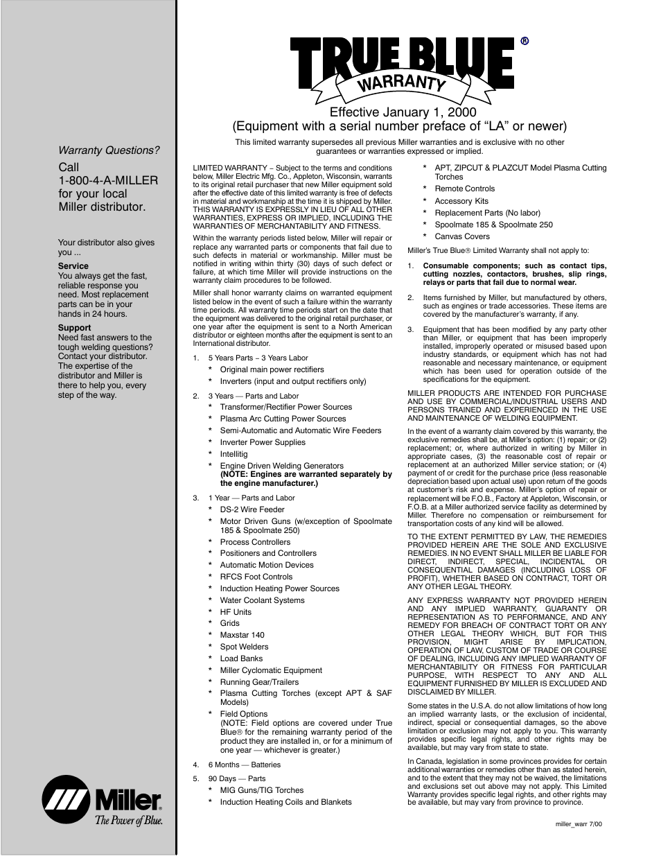 Warranty questions | Miller Electric Metro 250D User Manual | Page 63 / 64