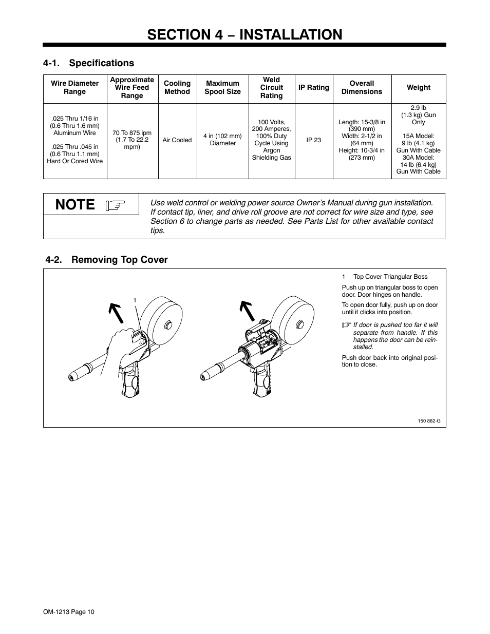 Section 4 − installation, 1. specifications, 2. removing top cover | Miller Electric 15A User Manual | Page 14 / 36