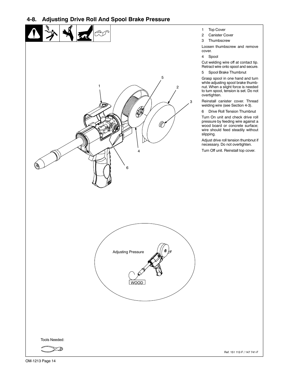 8. adjusting drive roll and spool brake pressure | Miller Electric 15A User Manual | Page 18 / 36