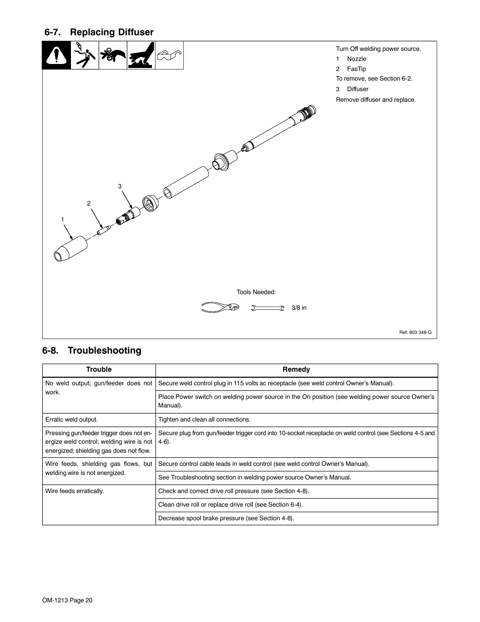 7. replacing diffuser, 8. troubleshooting | Miller Electric 15A User Manual | Page 24 / 36