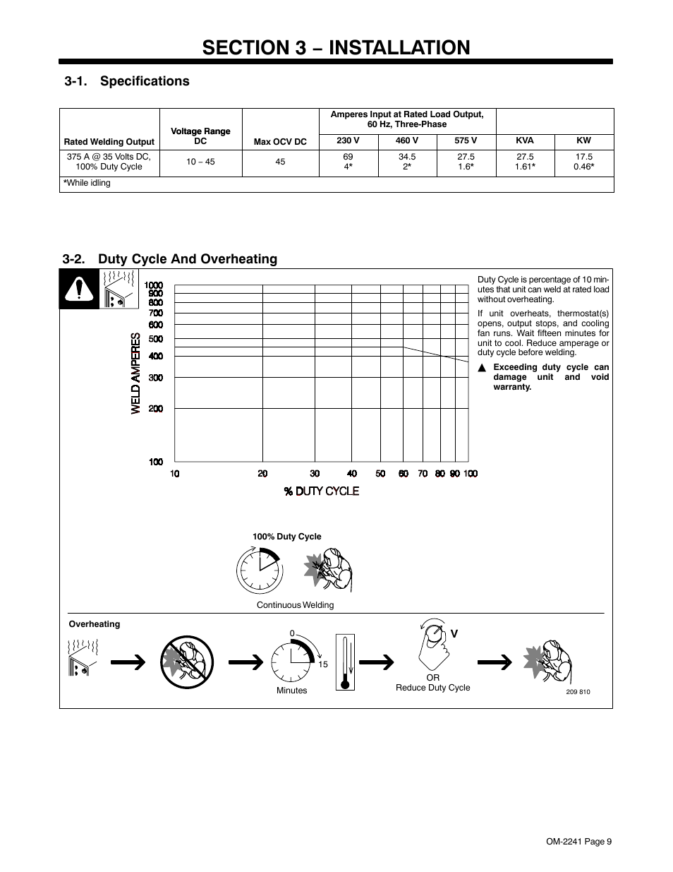 Section 3 − installation, 1. specifications, 2. duty cycle and overheating | Miller Electric Delta-Fab User Manual | Page 13 / 32