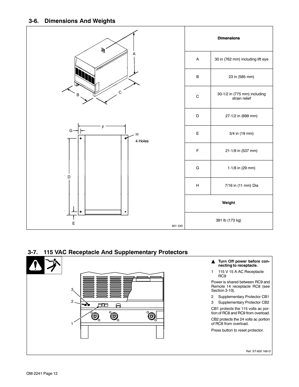 6. dimensions and weights, 7. 115 vac receptacle and supplementary protectors | Miller Electric Delta-Fab User Manual | Page 16 / 32