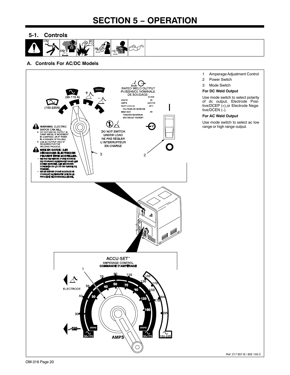 Section 5 − operation, 1. controls | Miller Electric 225 User Manual | Page 24 / 48