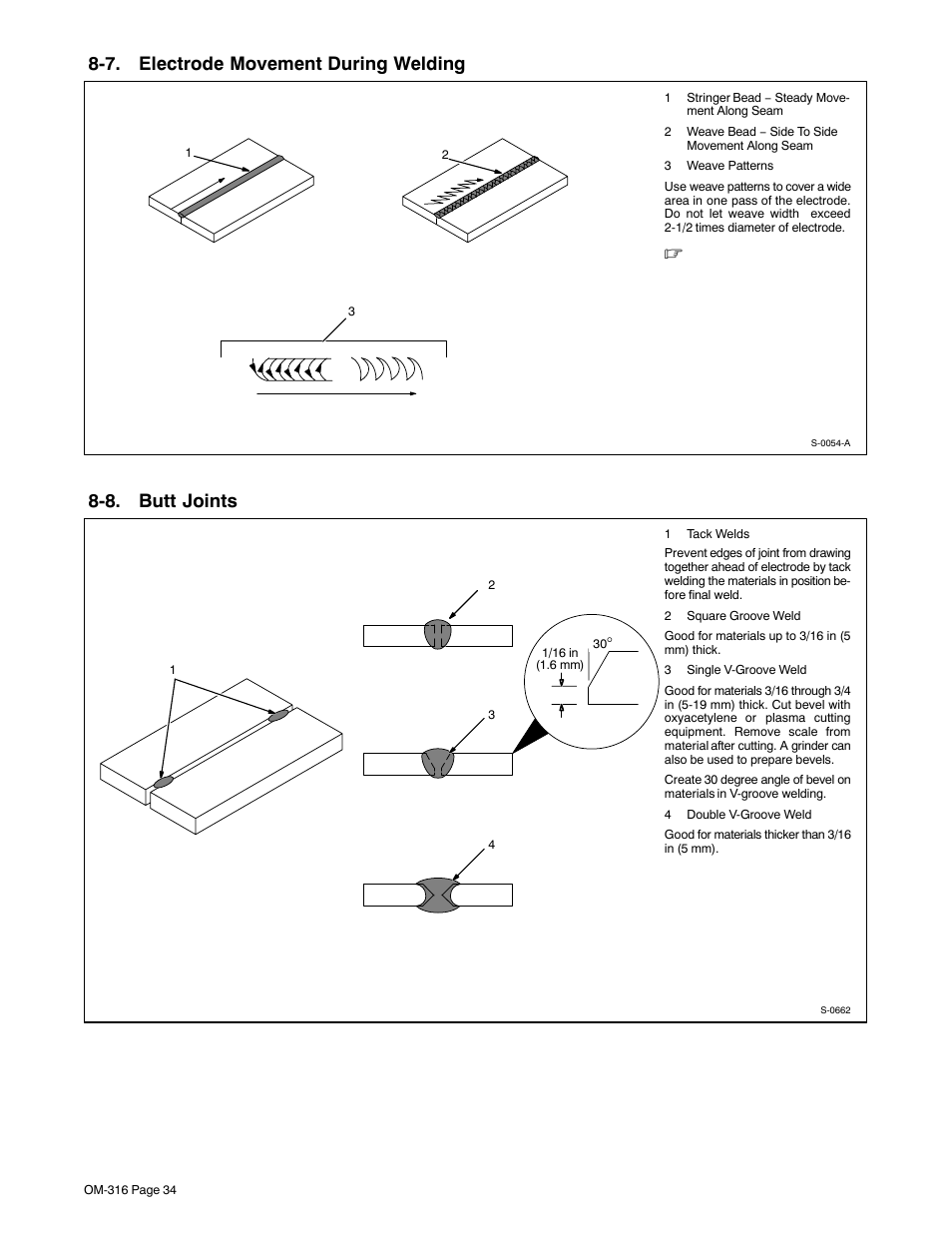 7. electrode movement during welding, 8. butt joints | Miller Electric 225 User Manual | Page 38 / 48