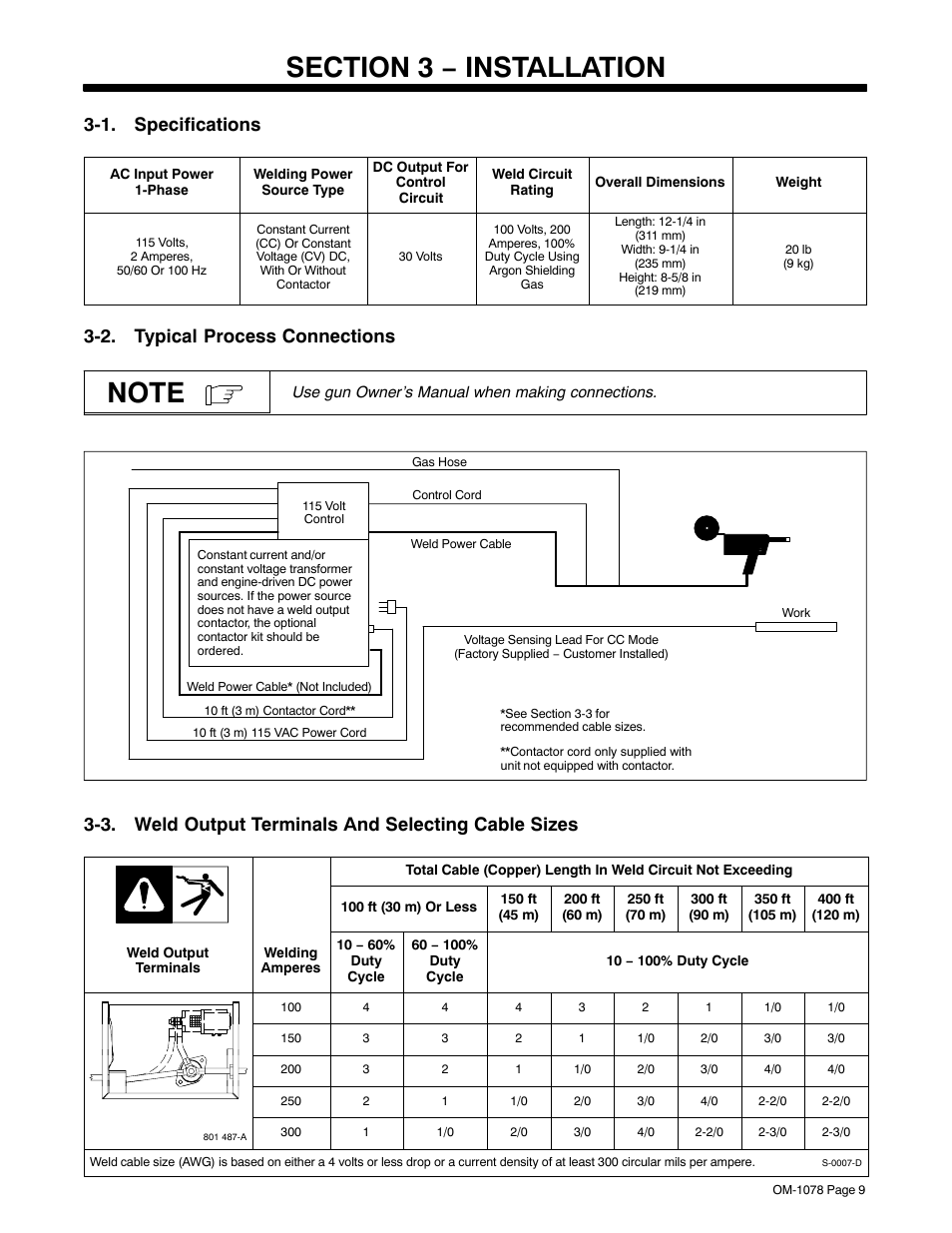 Section 3 − installation, 1. specifications, 2. typical process connections | 3. weld output terminals and selecting cable sizes | Miller Electric WC-115A User Manual | Page 13 / 28