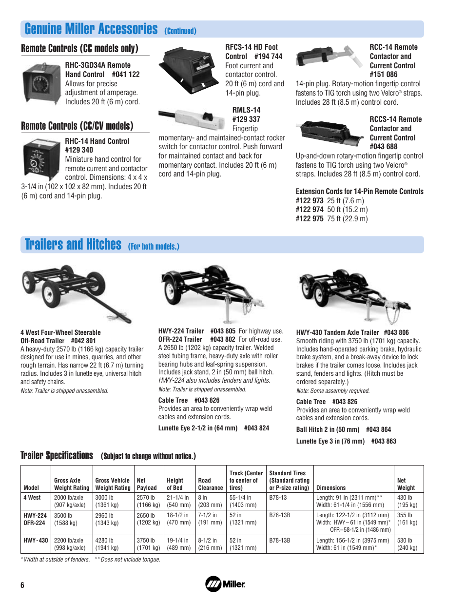 Trailers and hitches, Genuine miller accessories, Trailer specifications | Remote controls (cc models only), Remote controls (cc/cv models), For both models.), Subject to change without notice.), Continued) | Miller Electric Big 40 Diesel User Manual | Page 6 / 8