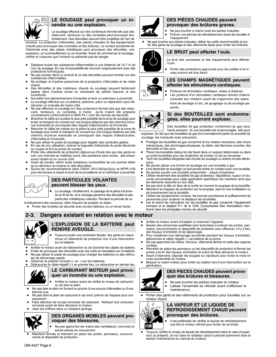 3. dangers existant en relation avec le moteur, Des particules volantes peuvent blesser les yeux, Le bruit peut affecter l’ouïe | L’explosion de la batterie peut rendre aveugle | Miller Electric Big 40 CX User Manual | Page 10 / 90