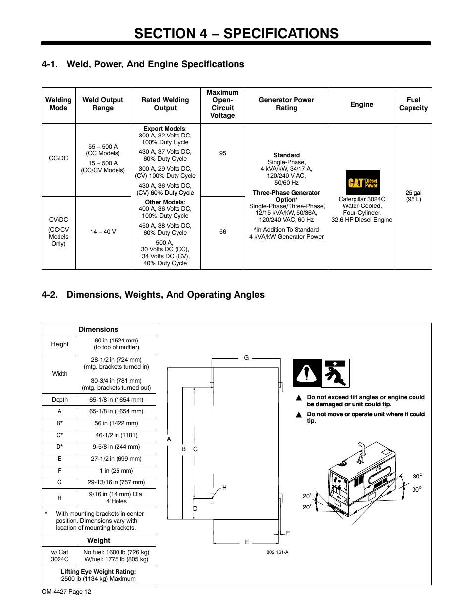 Section 4 − specifications, 1. weld, power, and engine specifications, 2. dimensions, weights, and operating angles | Miller Electric Big 40 CX User Manual | Page 16 / 90