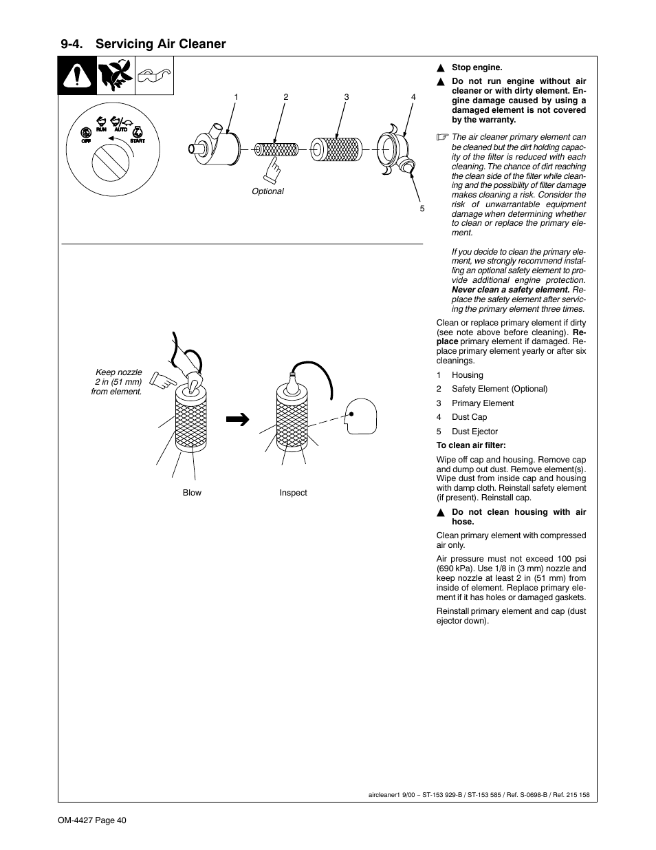 4. servicing air cleaner, Section 9-4 | Miller Electric Big 40 CX User Manual | Page 44 / 90