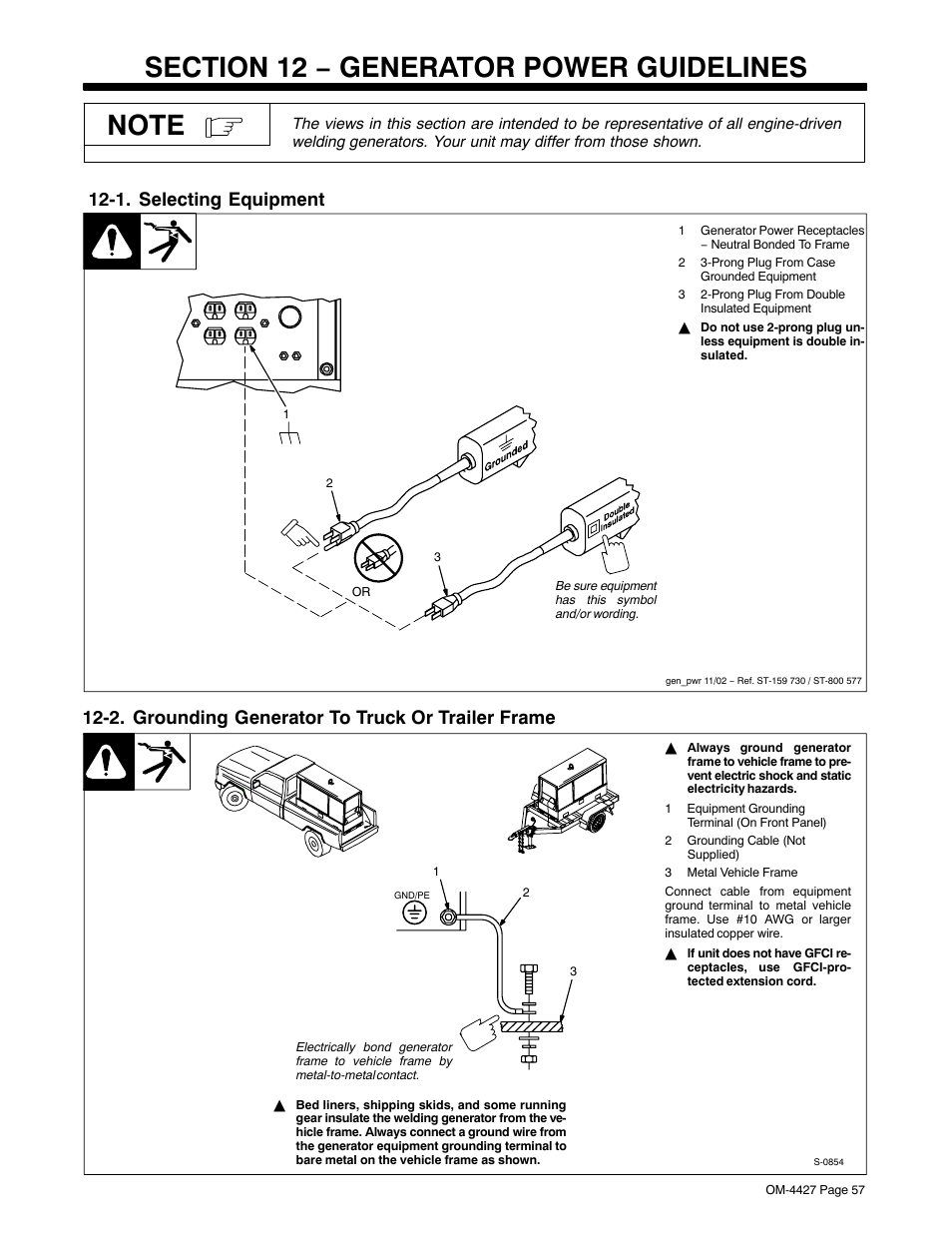 Section 12 − generator power guidelines, 1. selecting equipment, 2. grounding generator to truck or trailer frame | Miller Electric Big 40 CX User Manual | Page 61 / 90