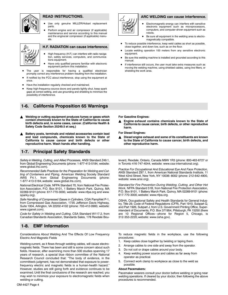 6. california proposition 65 warnings, 7. principal safety standards, 8. emf information | Miller Electric Big 40 CX User Manual | Page 8 / 90