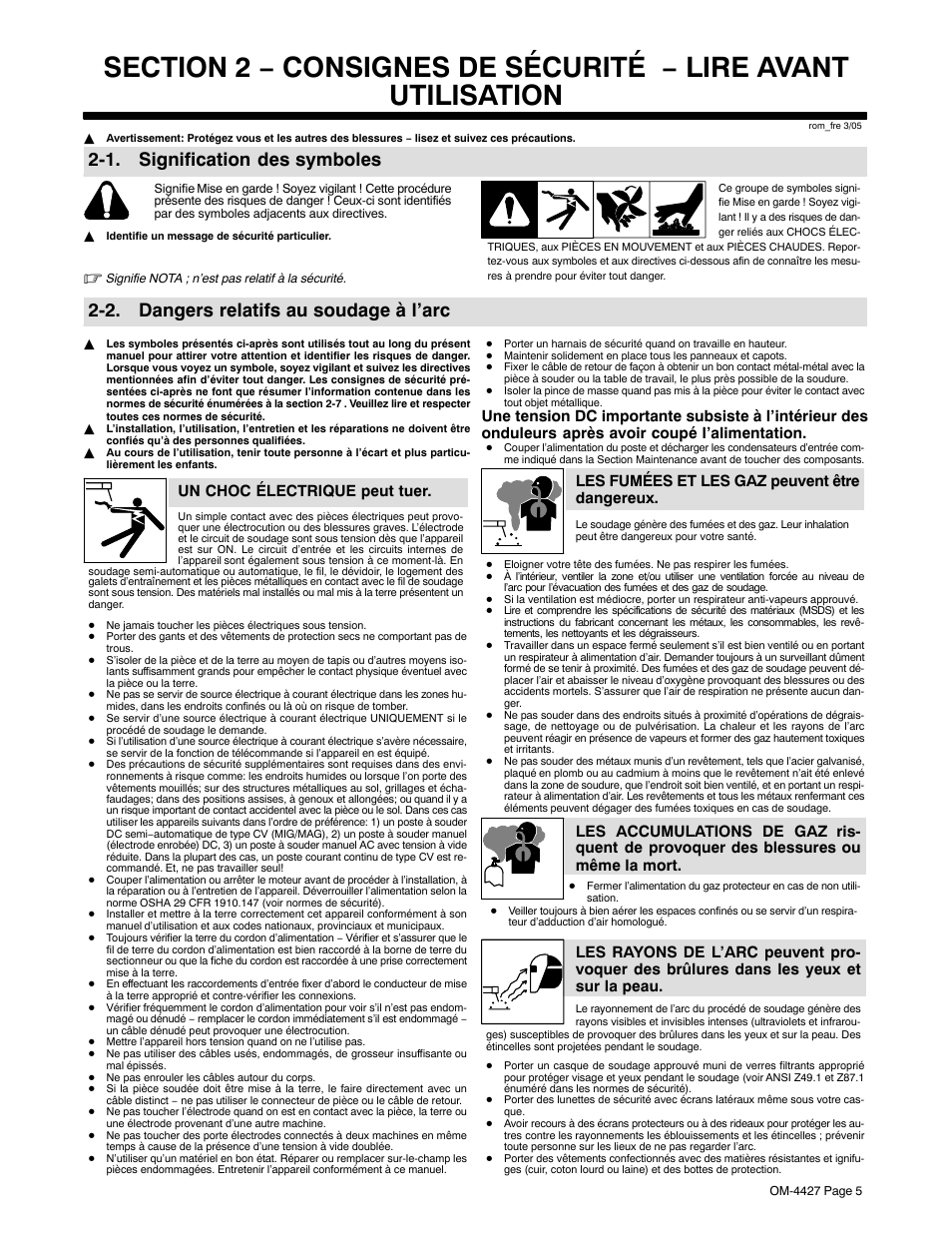 1. signification des symboles, 2. dangers relatifs au soudage à l’arc, Un choc électrique peut tuer | Les fumées et les gaz peuvent être dangereux | Miller Electric Big 40 CX User Manual | Page 9 / 90