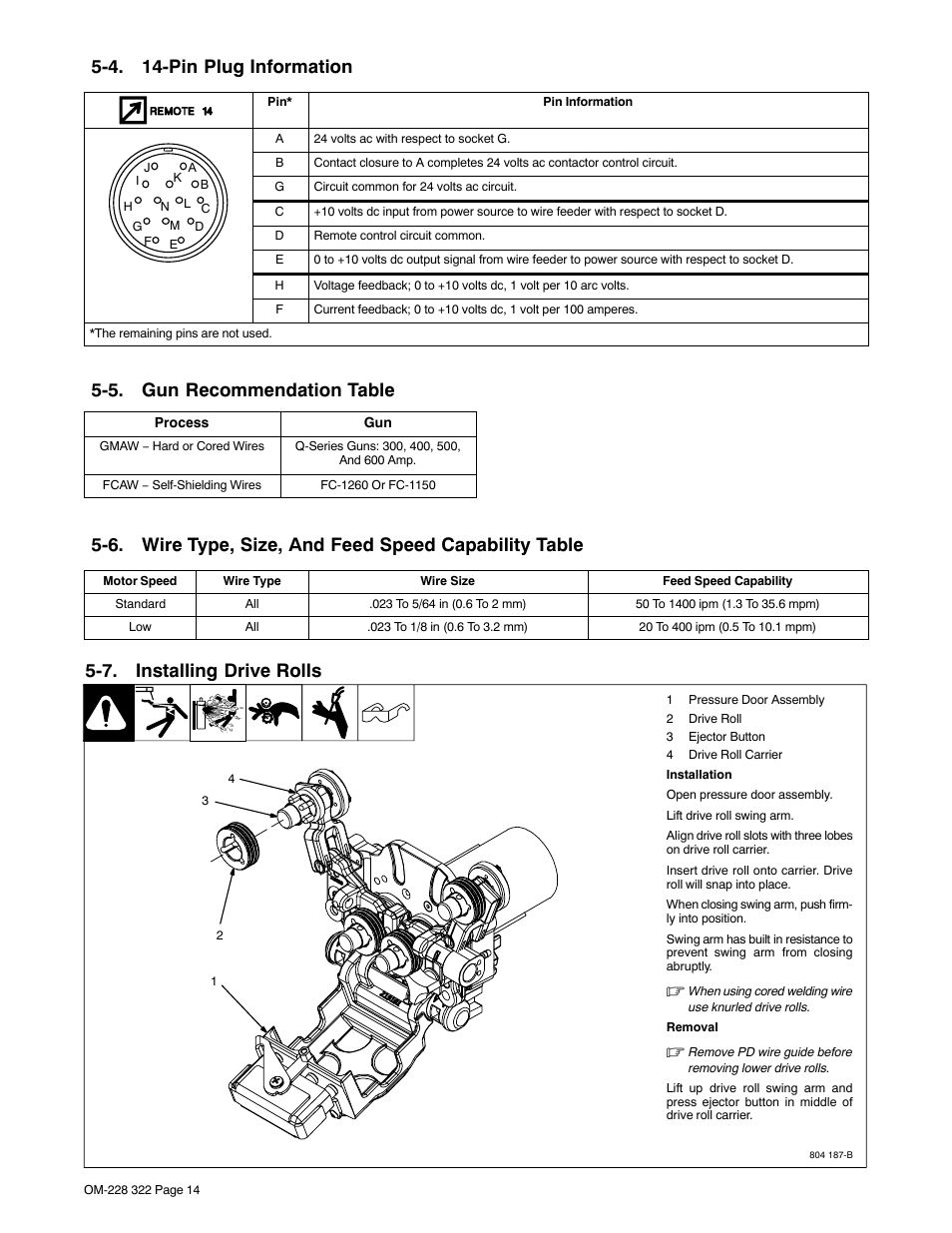 4. 14-pin plug information, 5. gun recommendation table, 7. installing drive rolls | Miller Electric D-75S User Manual | Page 18 / 40