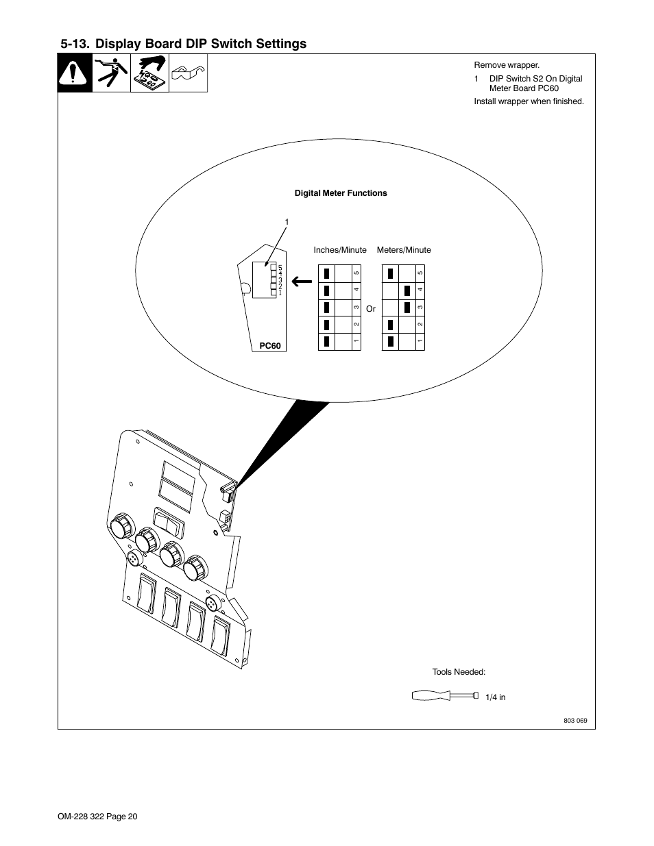 12. motor board dip switch settings, 13. display board dip switch settings | Miller Electric D-75S User Manual | Page 24 / 40