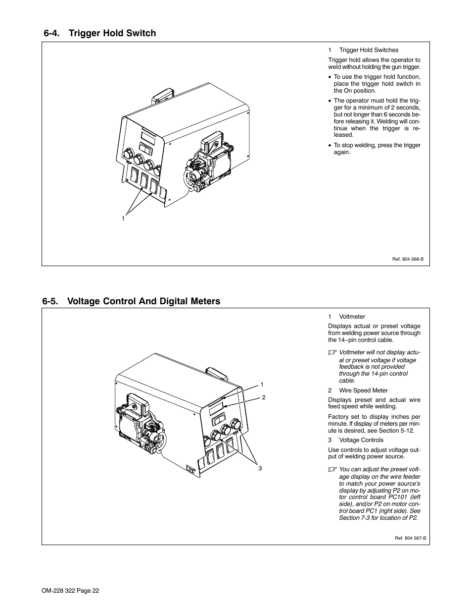 Section 6 − operation, 1. power switch, 2. left/right select switch | 3. jog/purge, 4. trigger hold switch, 5. voltage control and digital meters | Miller Electric D-75S User Manual | Page 26 / 40