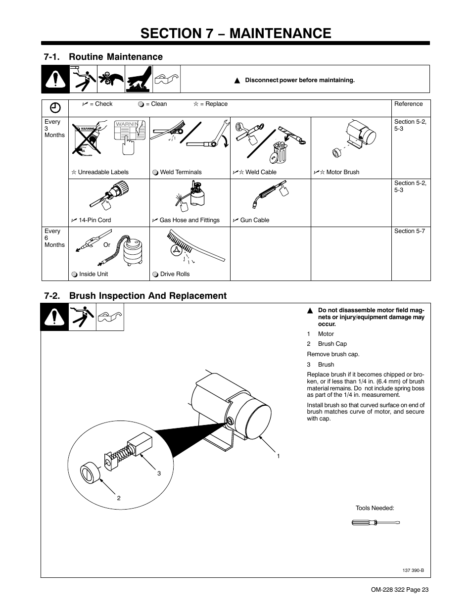 4. trigger hold switch, 5. voltage control and digital meters, 1. routine maintenance | 2. brush inspection and replacement | Miller Electric D-75S User Manual | Page 27 / 40