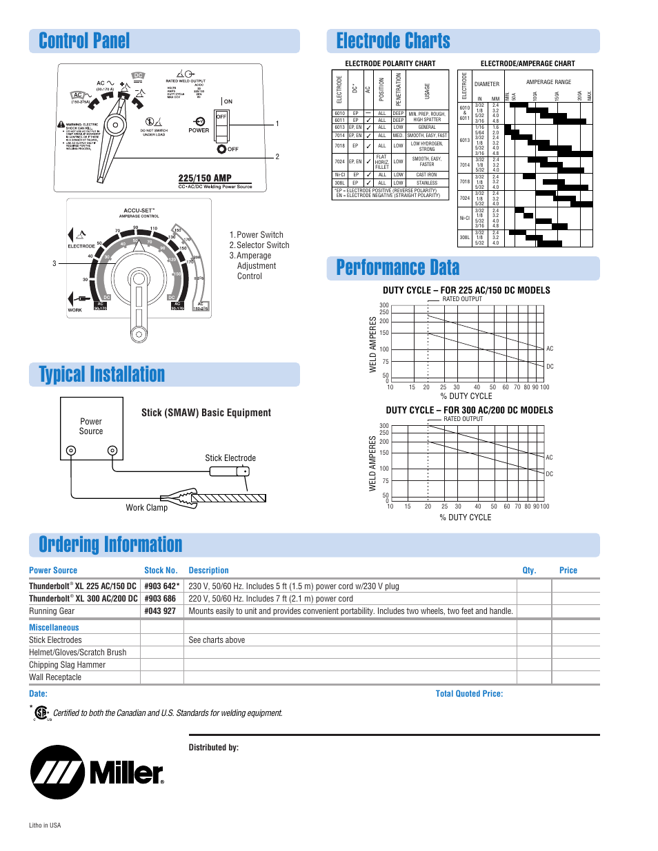 Ordering information control panel, Performance data electrode charts, Typical installation | Stick (smaw) basic equipment | Miller Electric Thunderbolt XL AC/DC User Manual | Page 2 / 2