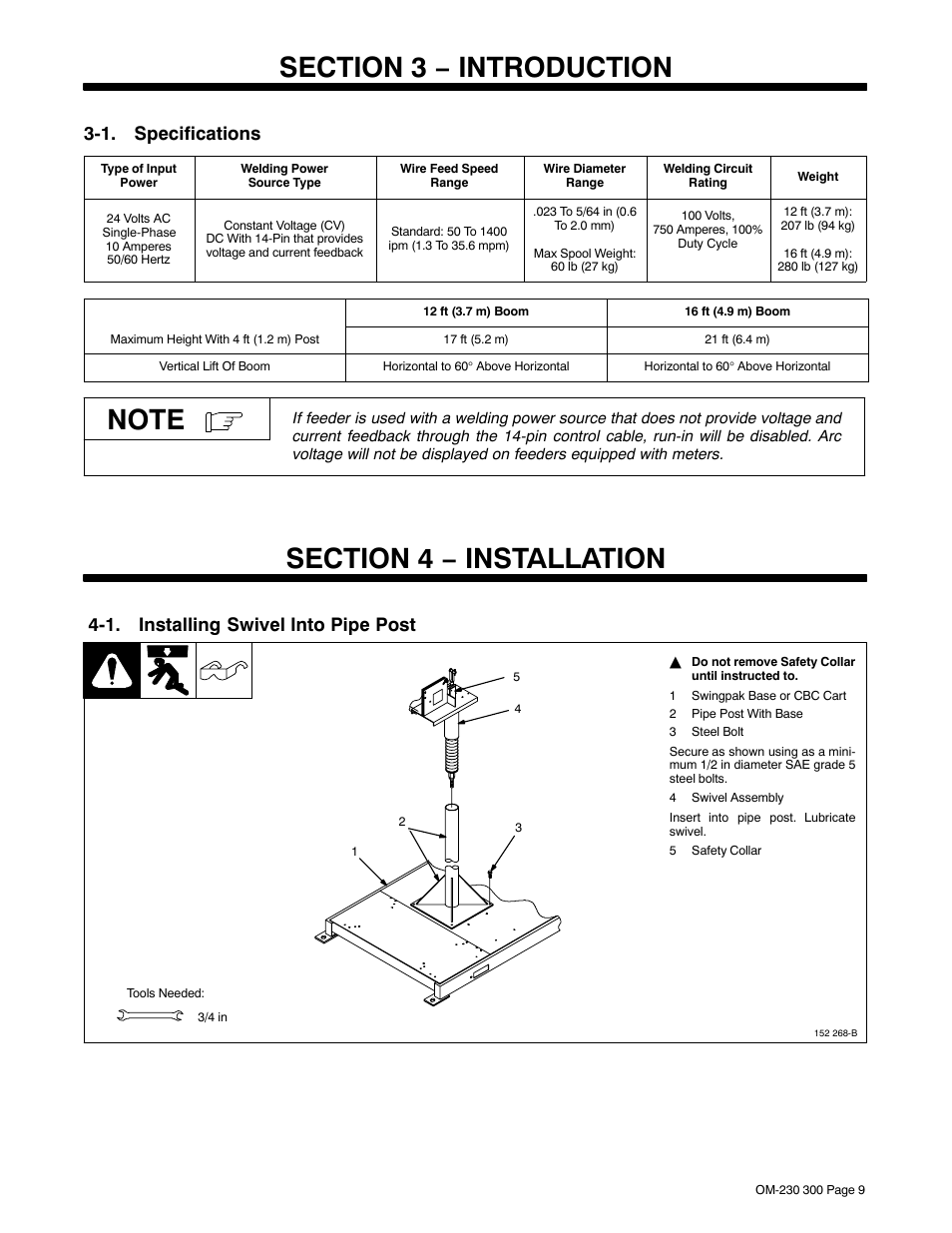Section 3 − introduction, 1. specifications, Section 4 − installation | 1. installing swivel into pipe post | Miller Electric DS-75S16 User Manual | Page 13 / 48