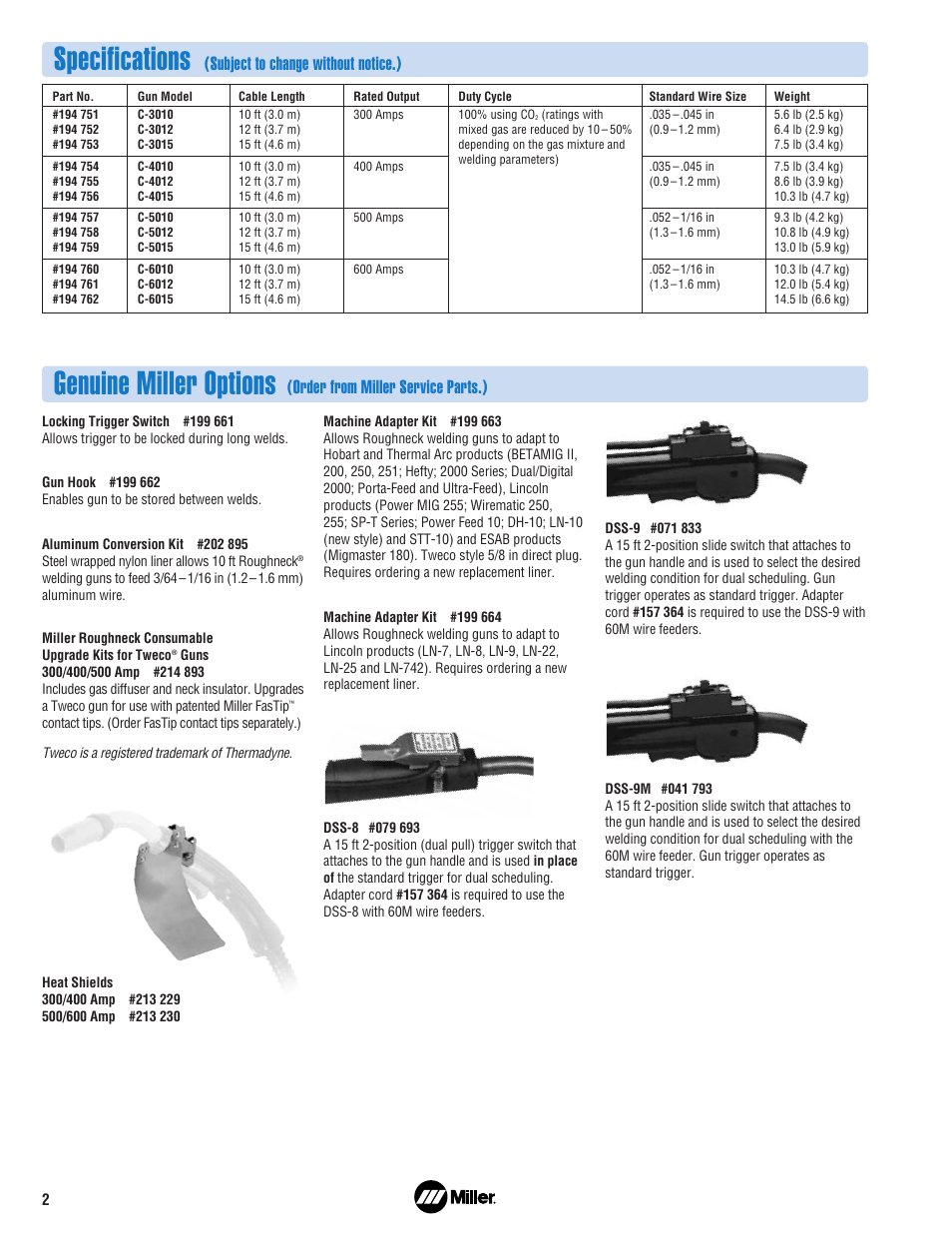 Specifications, Genuine miller options, Subject to change without notice.) | Order from miller service parts.) | Miller Electric Roughneck C-Series User Manual | Page 2 / 4