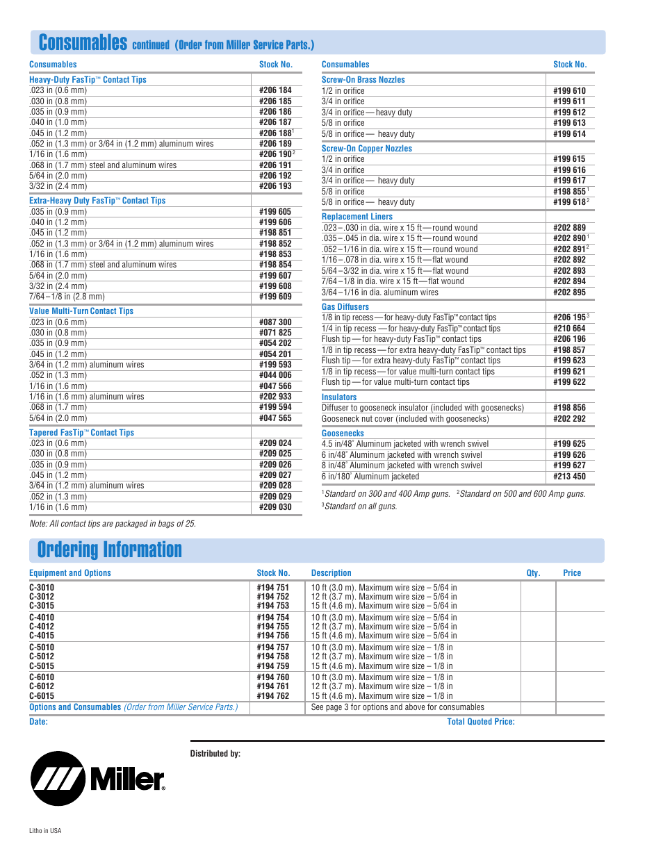 Consumables, Ordering information, Continued (order from miller service parts.) | Miller Electric Roughneck C-Series User Manual | Page 4 / 4