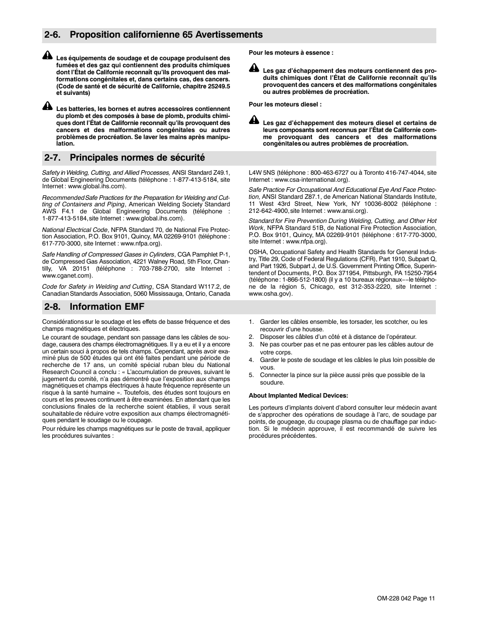 6. proposition californienne 65 avertissements, 7. principales normes de sécurité, 8. information emf | Miller Electric Renegade 180 User Manual | Page 15 / 64