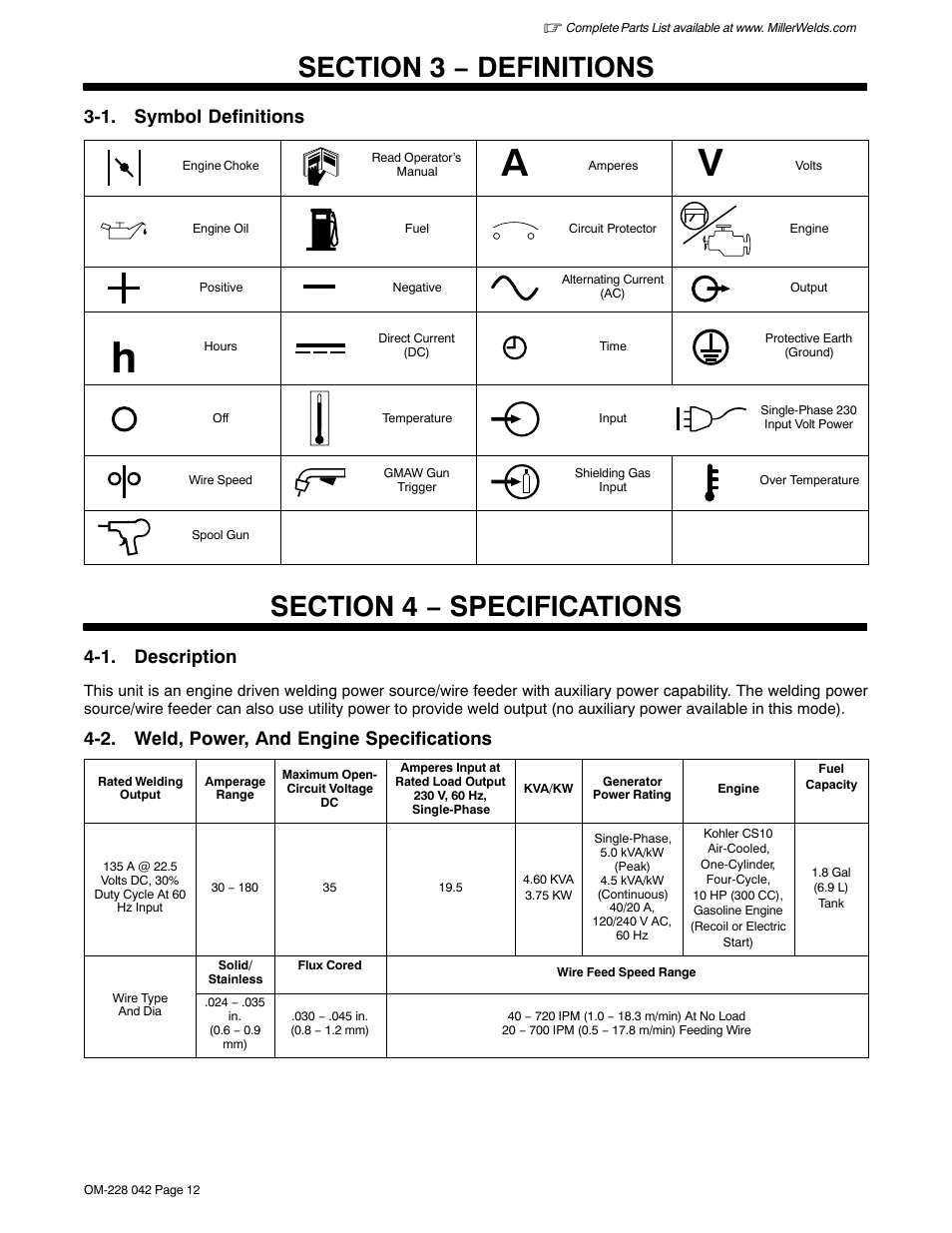 Section 3 − definitions, Section 4 − specifications, 1. description | 2. weld, power, and engine specifications, 1. symbol definitions | Miller Electric Renegade 180 User Manual | Page 16 / 64