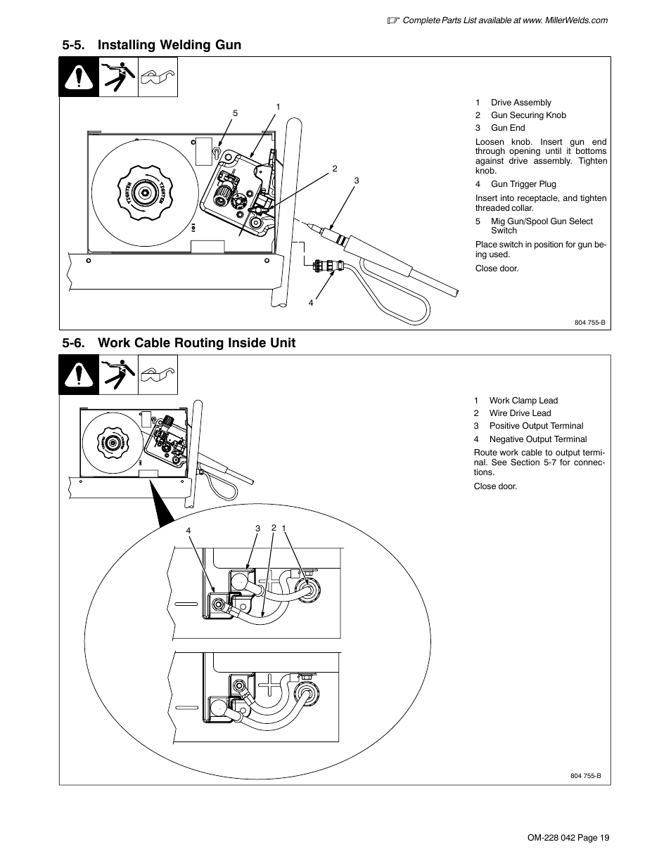 5. installing welding gun, 6. work cable routing inside unit | Miller Electric Renegade 180 User Manual | Page 23 / 64