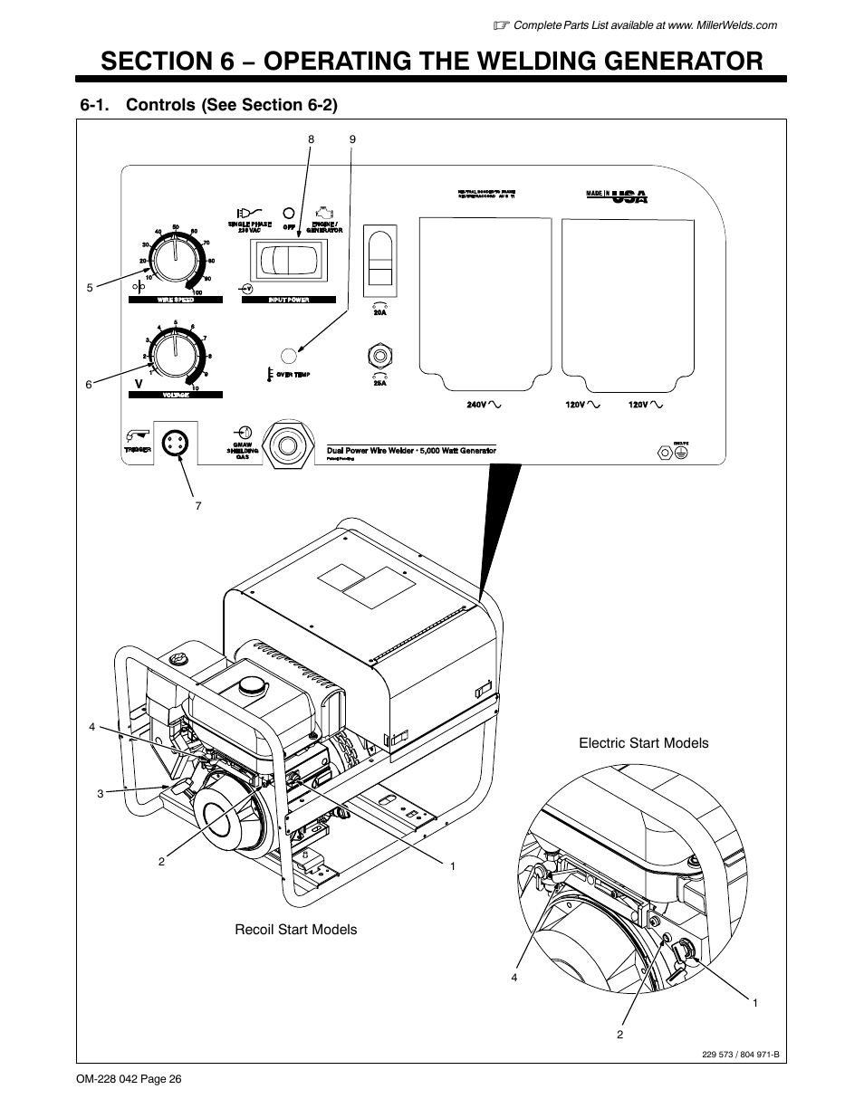 Section 6 − operating the welding generator, 1. controls (see section 6-2) | Miller Electric Renegade 180 User Manual | Page 30 / 64