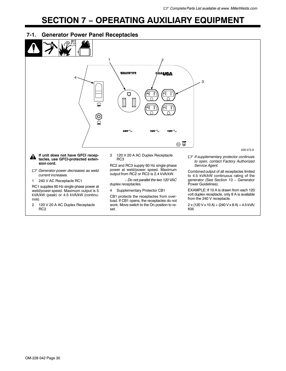 Section 7 − operating auxiliary equipment, 1. generator power panel receptacles | Miller Electric Renegade 180 User Manual | Page 34 / 64