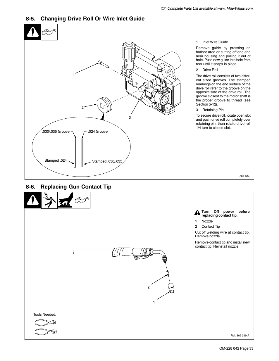 5. changing drive roll or wire inlet guide, 6. replacing gun contact tip | Miller Electric Renegade 180 User Manual | Page 37 / 64