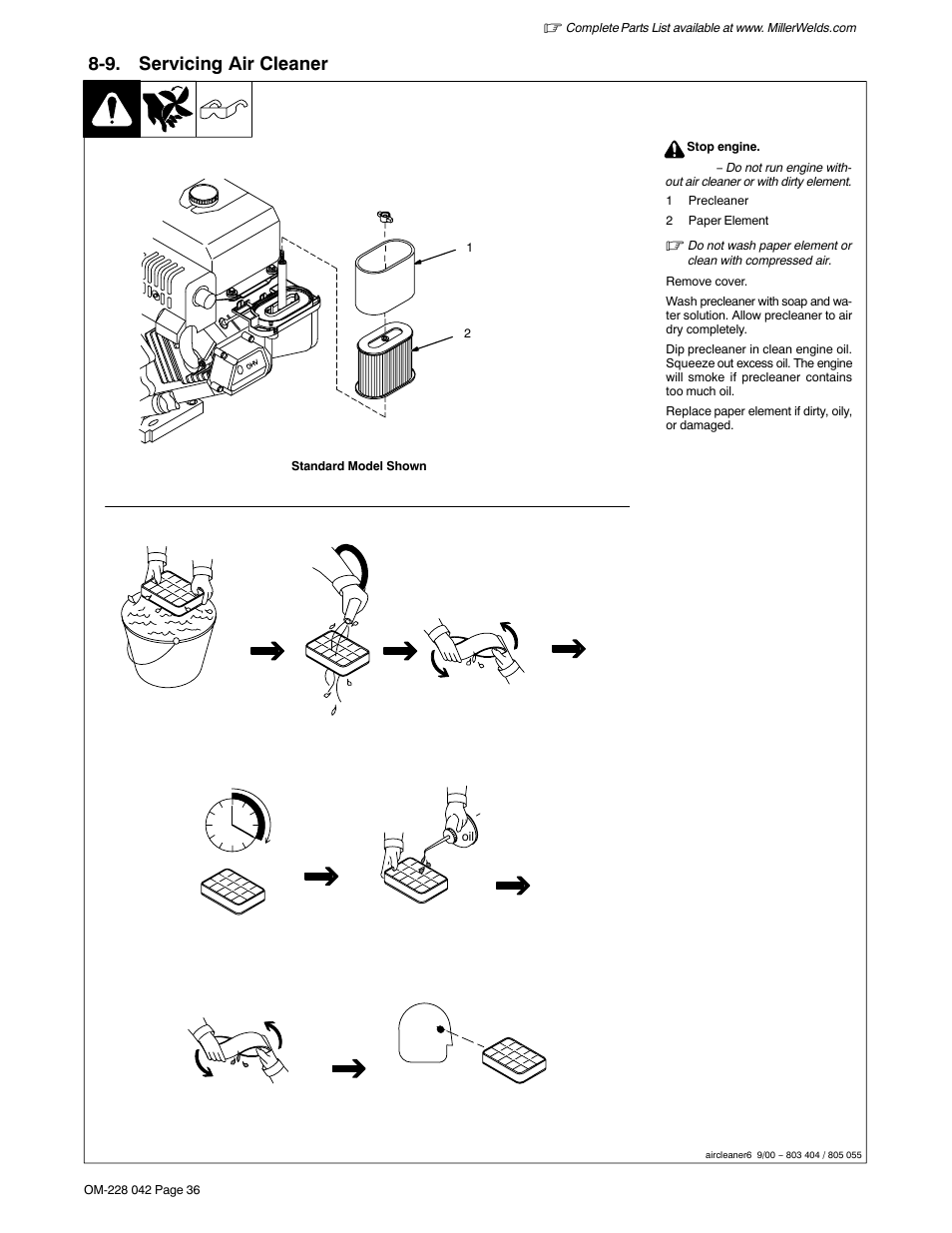 9. servicing air cleaner | Miller Electric Renegade 180 User Manual | Page 40 / 64