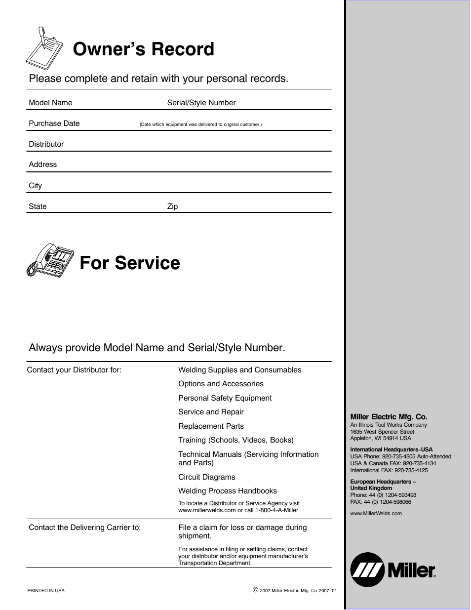 For service owner’s record, Contact a distributor or service agency near you | Miller Electric Renegade 180 User Manual | Page 64 / 64