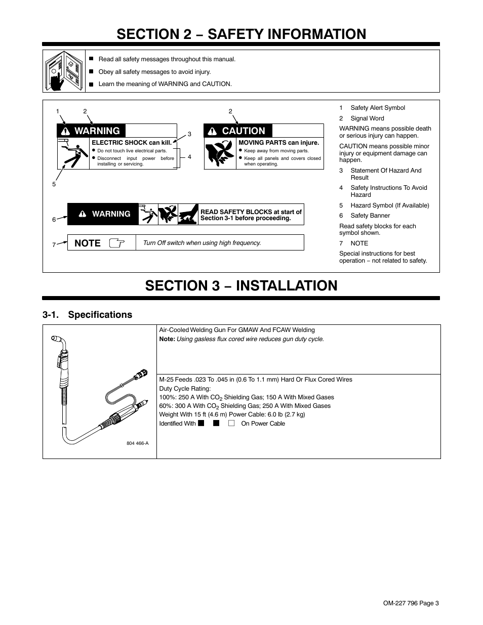 Section 2 − safety information, Section 3 − installation, 1. specifications | Warning, Caution | Miller Electric M-25 User Manual | Page 7 / 16