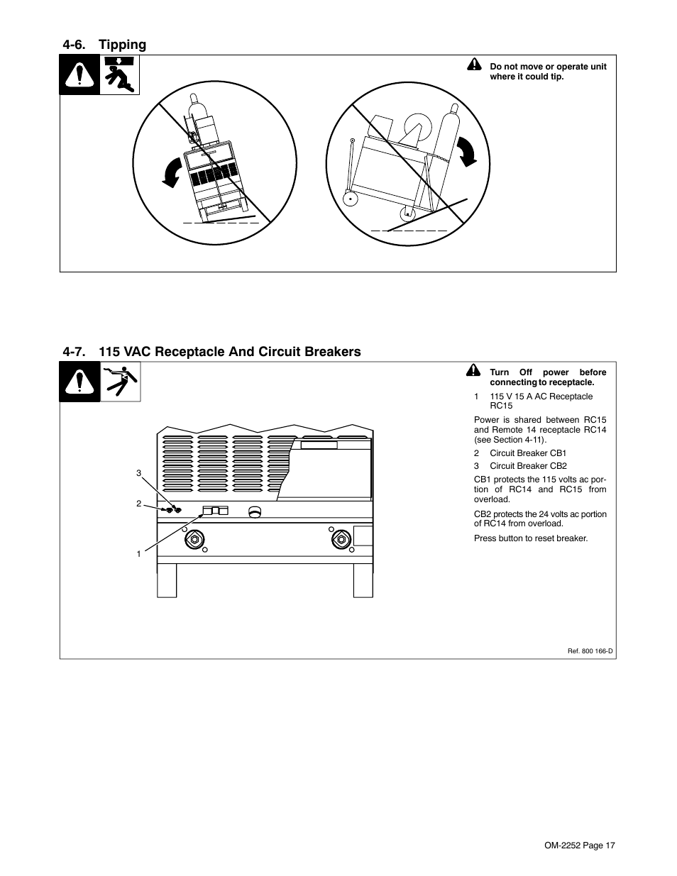 6. tipping, 7. 115 vac receptacle and circuit breakers | Miller Electric NT 450 User Manual | Page 21 / 44