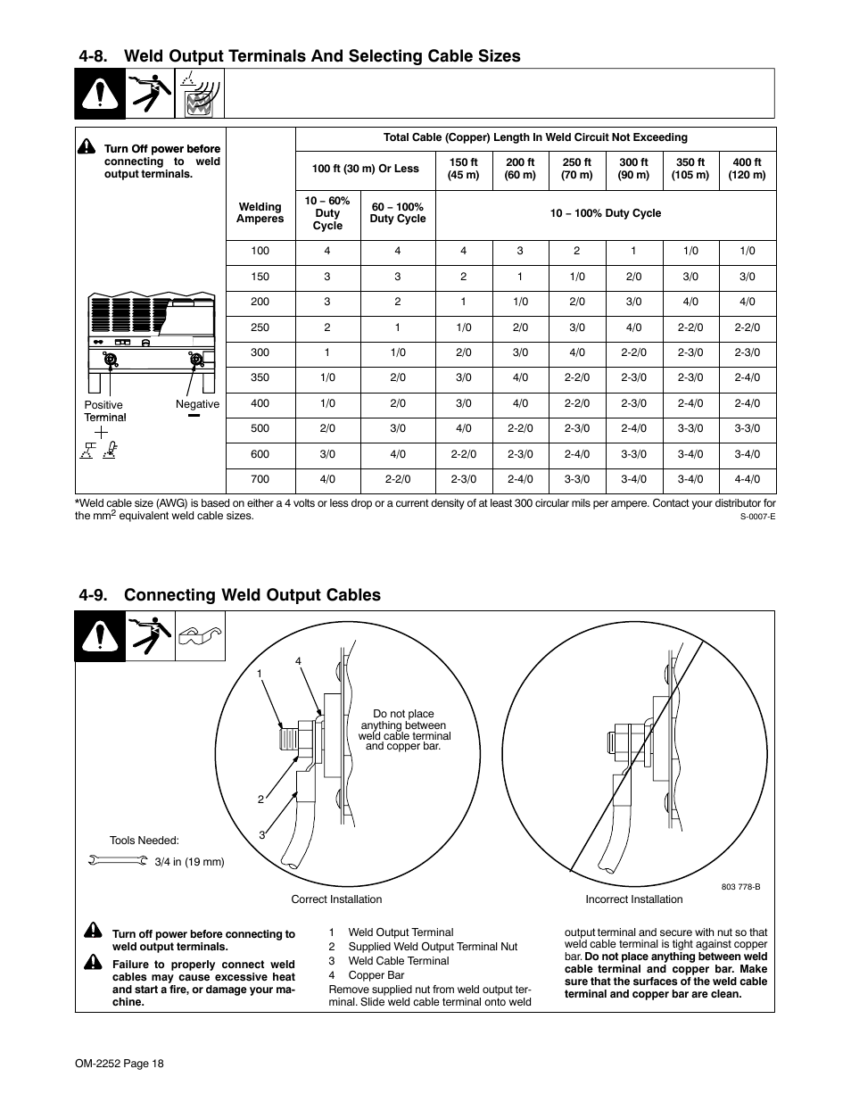 8. weld output terminals and selecting cable sizes, 9. connecting weld output cables | Miller Electric NT 450 User Manual | Page 22 / 44