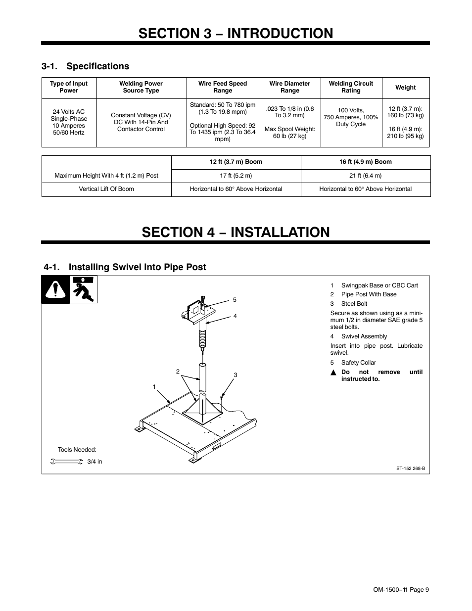 Section 3 − introduction, 1. specifications, Section 4 − installation | 1. installing swivel into pipe post | Miller Electric SS-74S12 User Manual | Page 13 / 40